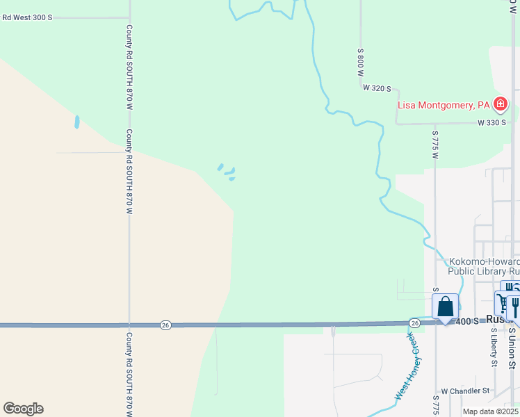 map of restaurants, bars, coffee shops, grocery stores, and more near in Russiaville