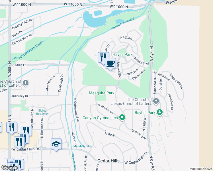 map of restaurants, bars, coffee shops, grocery stores, and more near West Cottonwood Drive in Cedar Hills