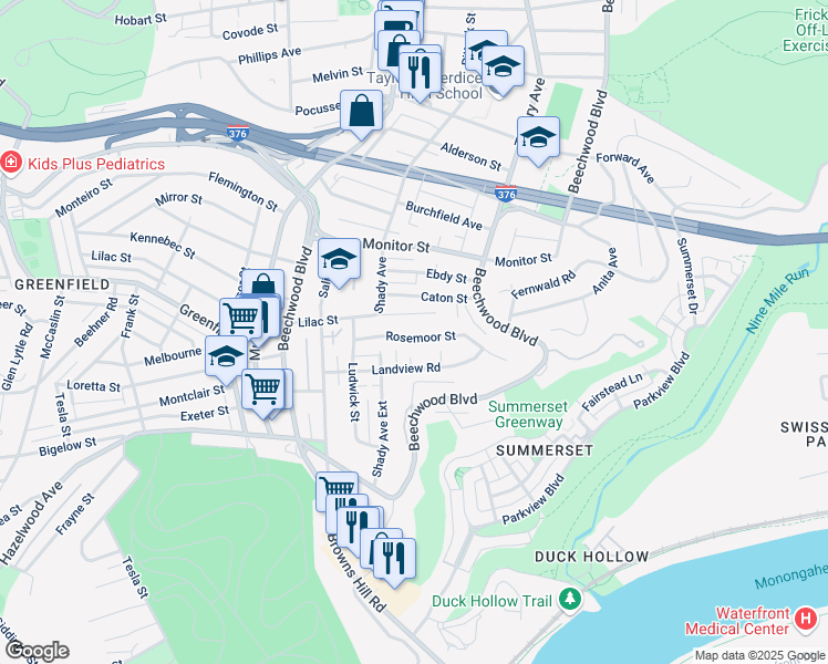 map of restaurants, bars, coffee shops, grocery stores, and more near 6523 Lilac Street in Pittsburgh