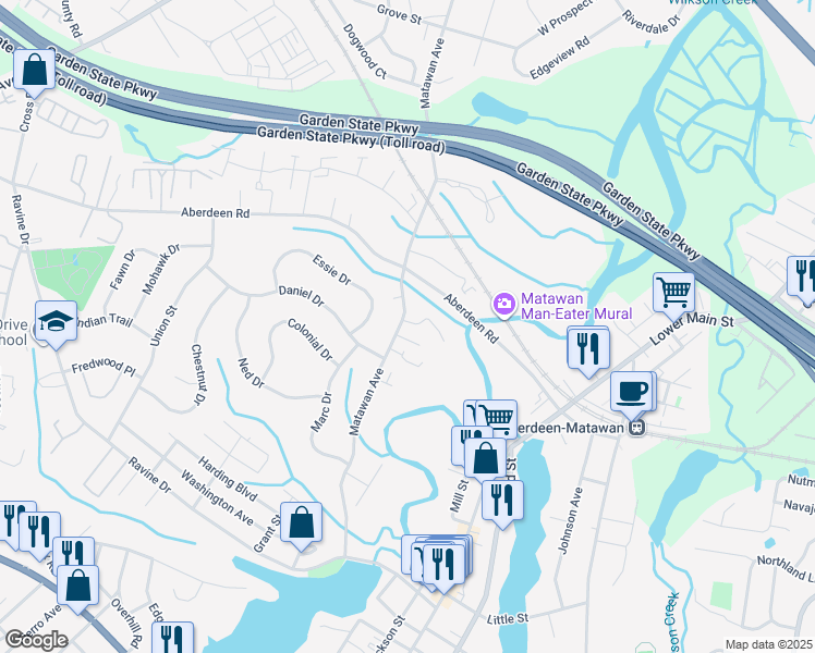 map of restaurants, bars, coffee shops, grocery stores, and more near 173 Matawan Avenue in Matawan