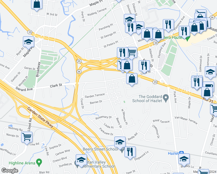 map of restaurants, bars, coffee shops, grocery stores, and more near 51 Village Green Way in Middletown