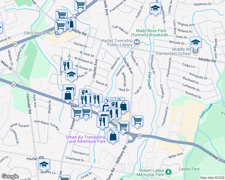 map of restaurants, bars, coffee shops, grocery stores, and more near 24 Daniel Drive in Hazlet