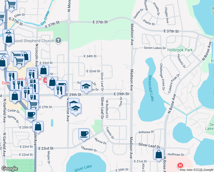 map of restaurants, bars, coffee shops, grocery stores, and more near 1000 Blue Spruce Drive in Loveland