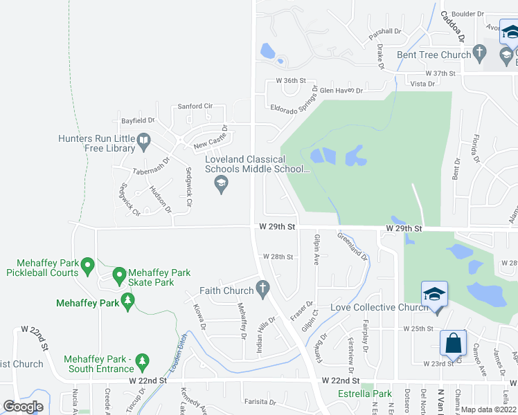 map of restaurants, bars, coffee shops, grocery stores, and more near 3029 Hiawatha Drive in Loveland
