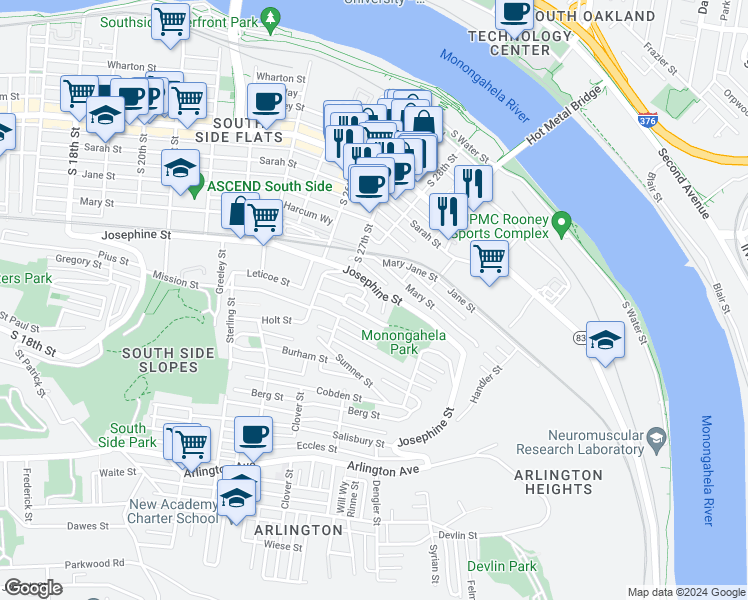 map of restaurants, bars, coffee shops, grocery stores, and more near 2838 Josephine Street in Pittsburgh