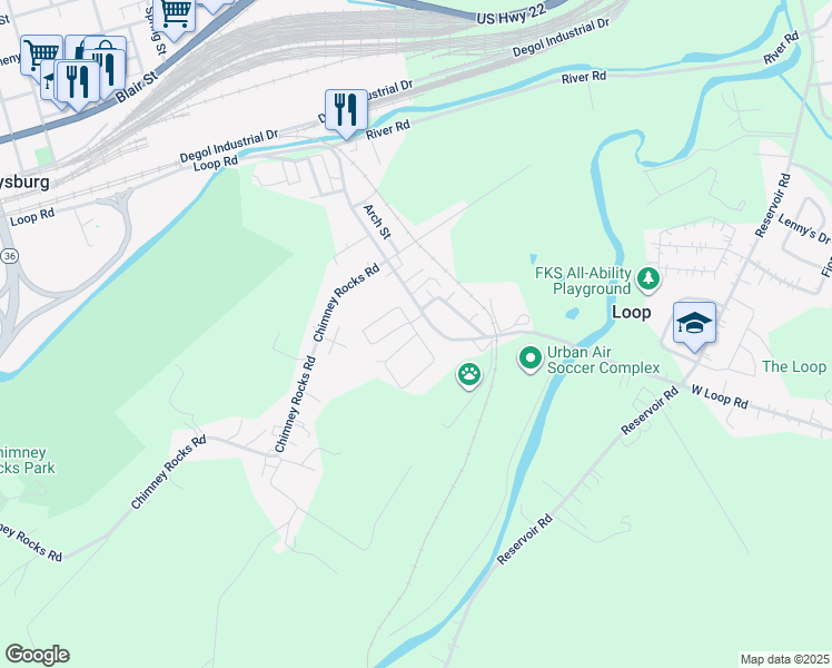 map of restaurants, bars, coffee shops, grocery stores, and more near 216 Sycamore Drive in Hollidaysburg