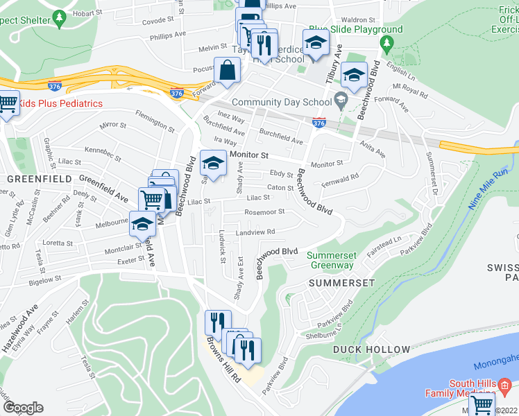 map of restaurants, bars, coffee shops, grocery stores, and more near 6523 Lilac Street in Pittsburgh