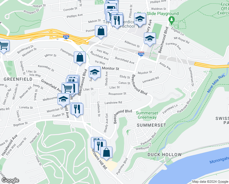 map of restaurants, bars, coffee shops, grocery stores, and more near 6523 Lilac Street in Pittsburgh