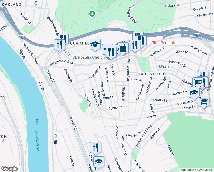map of restaurants, bars, coffee shops, grocery stores, and more near 4123 Haldane Street in Pittsburgh