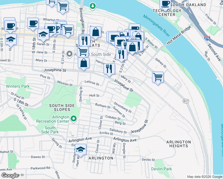 map of restaurants, bars, coffee shops, grocery stores, and more near 2611 McCord Street in Pittsburgh