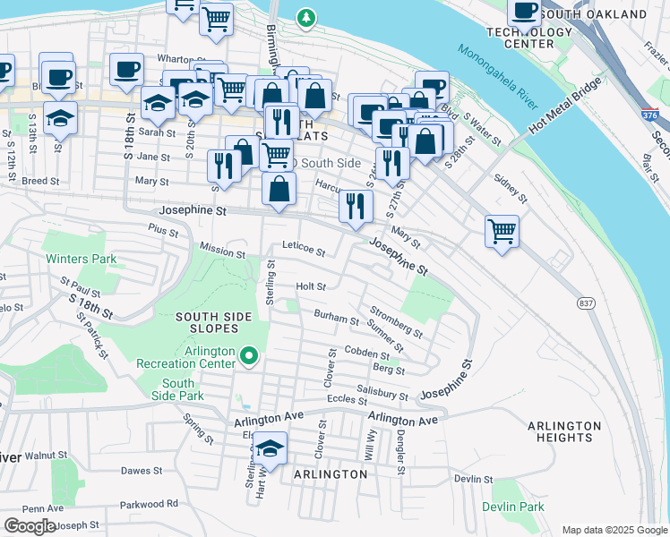 map of restaurants, bars, coffee shops, grocery stores, and more near 20 Kosciusko Way in Pittsburgh