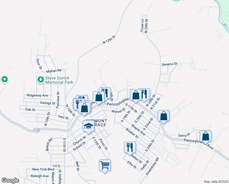 map of restaurants, bars, coffee shops, grocery stores, and more near 84 View Street in Weirton