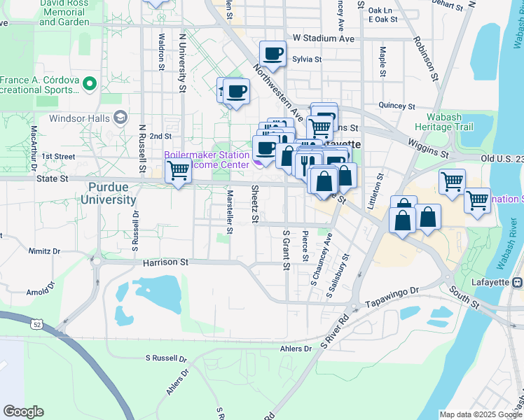 map of restaurants, bars, coffee shops, grocery stores, and more near 435 West State Street in West Lafayette