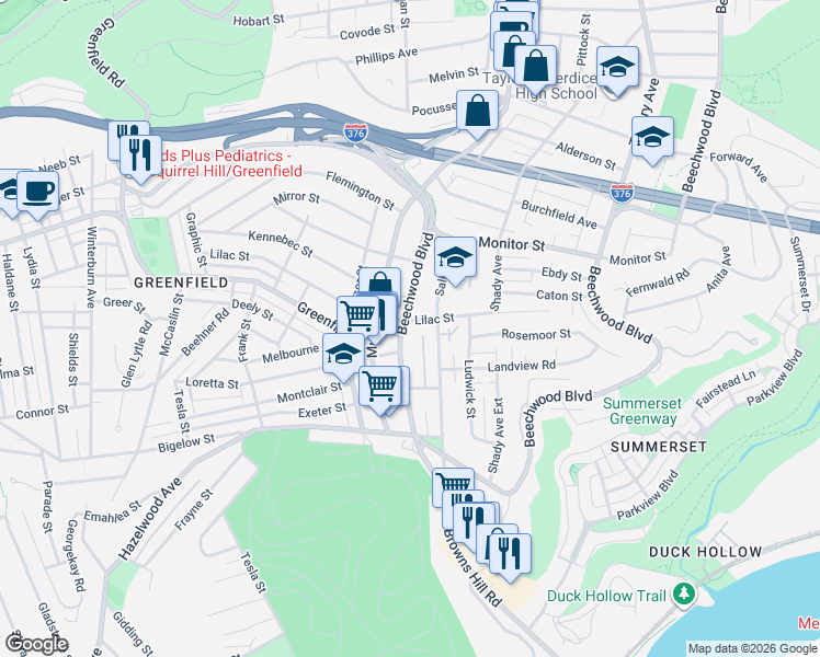 map of restaurants, bars, coffee shops, grocery stores, and more near 3529 Beechwood Boulevard in Pittsburgh