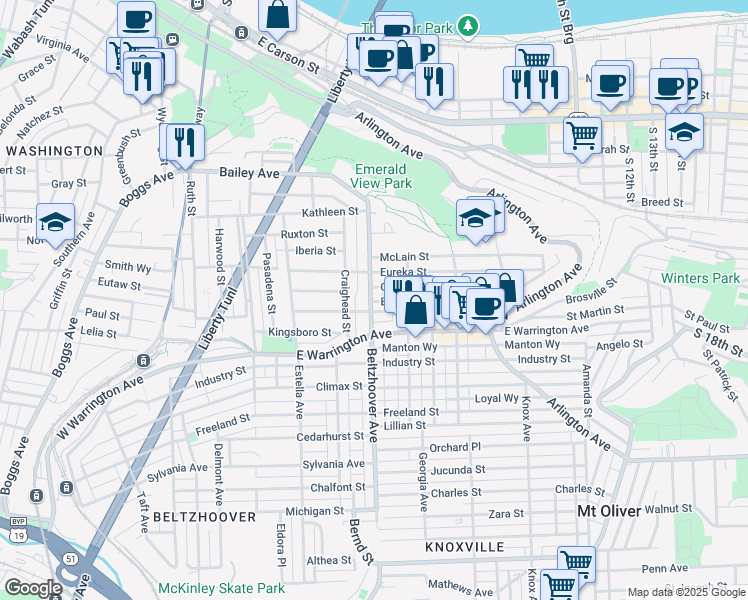 map of restaurants, bars, coffee shops, grocery stores, and more near 79 Beltzhoover Avenue in Pittsburgh