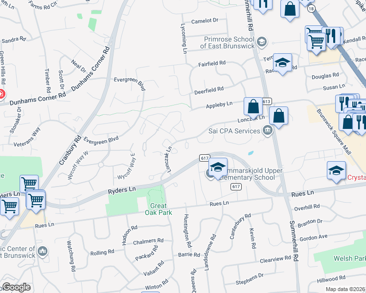 map of restaurants, bars, coffee shops, grocery stores, and more near 126 Magee Court in East Brunswick