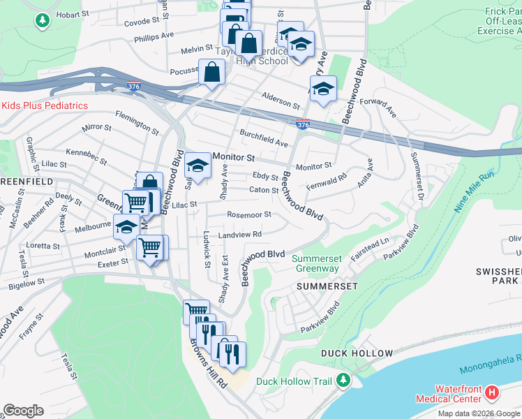 map of restaurants, bars, coffee shops, grocery stores, and more near 6557 Lilac Street in Pittsburgh