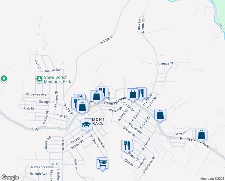 map of restaurants, bars, coffee shops, grocery stores, and more near 94 View Street in Weirton