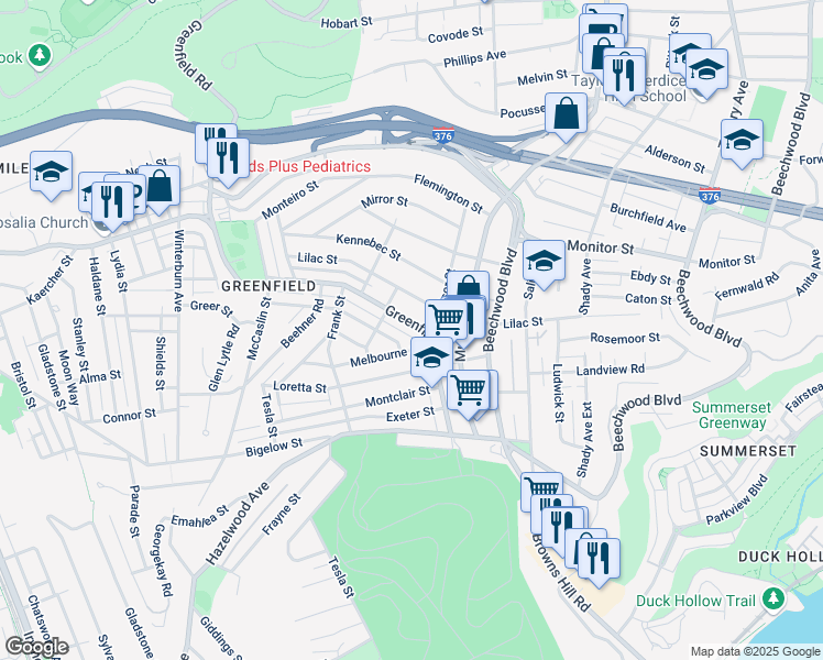 map of restaurants, bars, coffee shops, grocery stores, and more near 978 Lilac Street in Pittsburgh