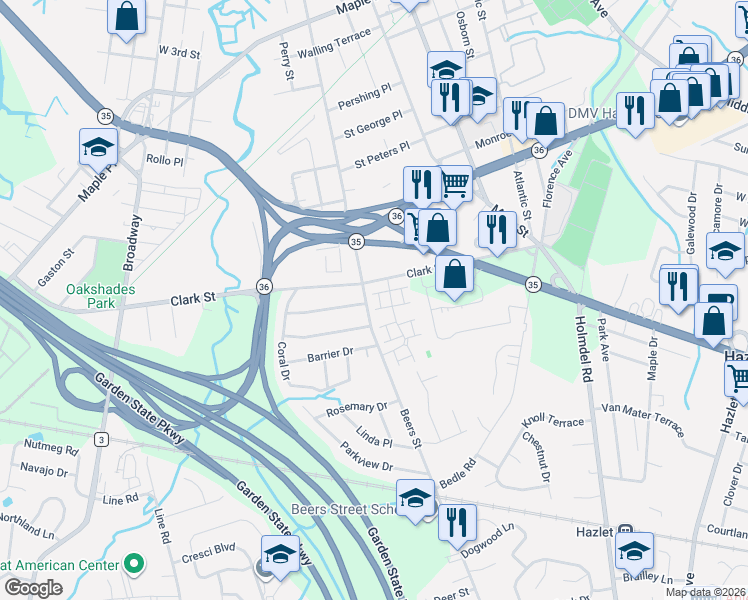 map of restaurants, bars, coffee shops, grocery stores, and more near 37 Village Green Way in Hazlet