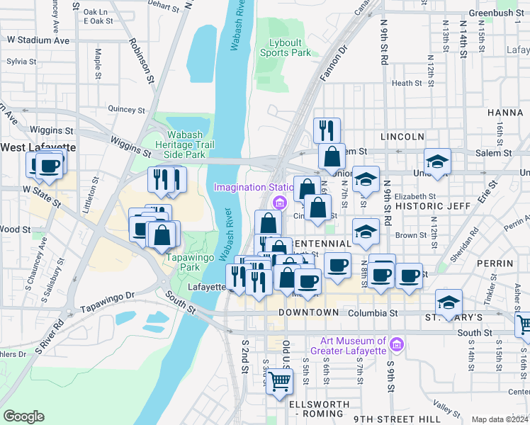map of restaurants, bars, coffee shops, grocery stores, and more near 627 Old U.S. 231 in Lafayette