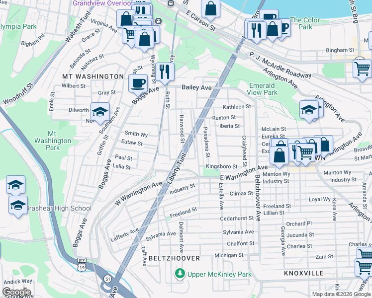 map of restaurants, bars, coffee shops, grocery stores, and more near 87 Harwood Street in Pittsburgh