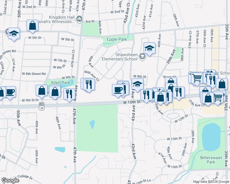 map of restaurants, bars, coffee shops, grocery stores, and more near 911 44th Avenue Court in Greeley