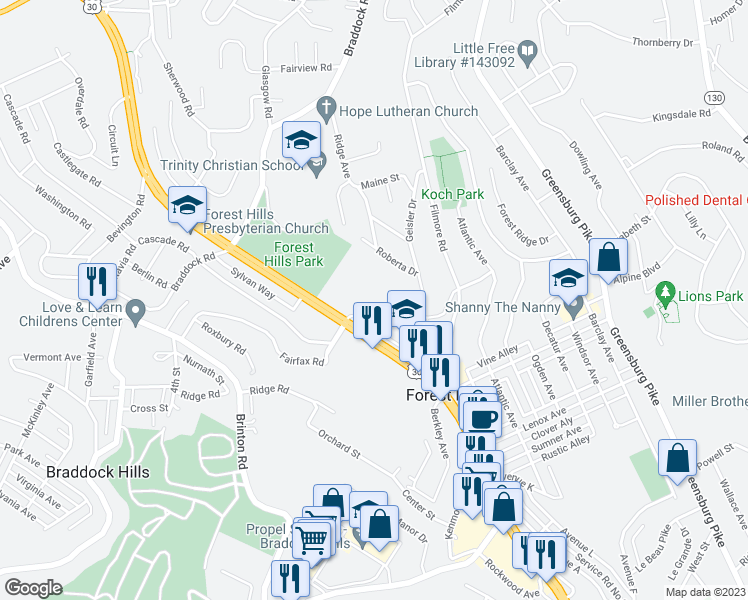 map of restaurants, bars, coffee shops, grocery stores, and more near 119 Roberta Drive in Pittsburgh