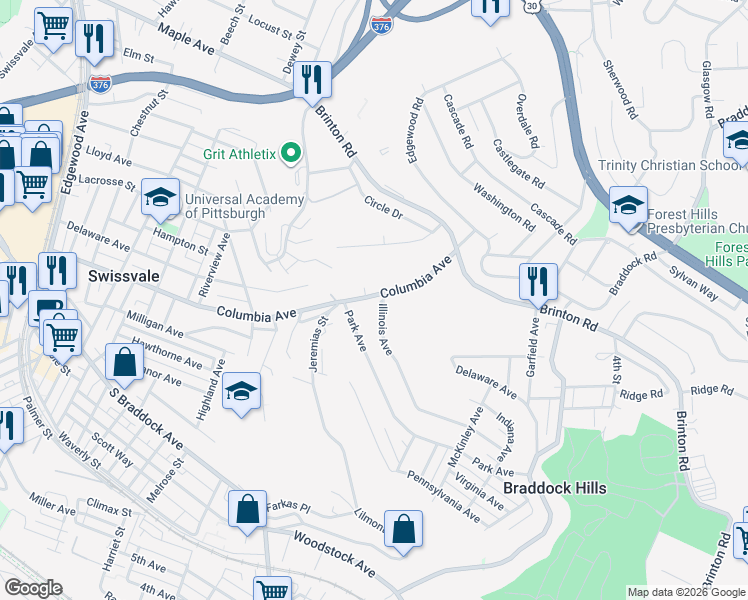 map of restaurants, bars, coffee shops, grocery stores, and more near 2757 Columbia Avenue in Pittsburgh