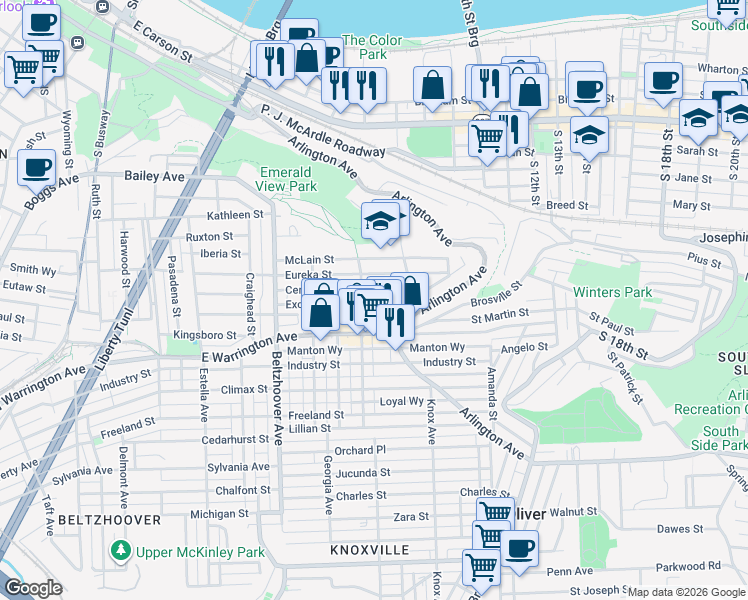 map of restaurants, bars, coffee shops, grocery stores, and more near 804 Eureka Street in Pittsburgh