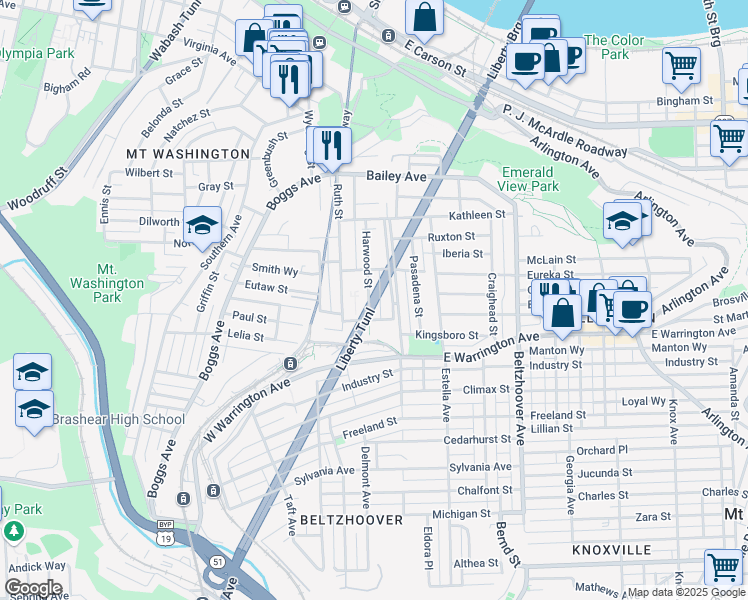 map of restaurants, bars, coffee shops, grocery stores, and more near 87 Harwood Street in Pittsburgh