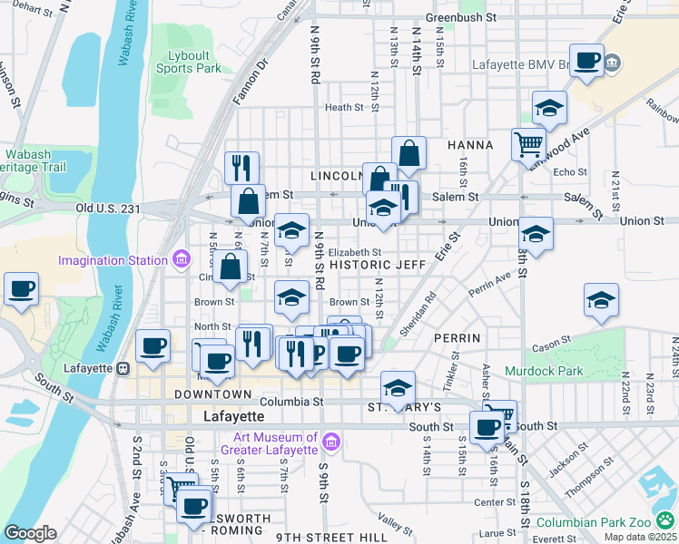 map of restaurants, bars, coffee shops, grocery stores, and more near 621 North 10th Street in Lafayette