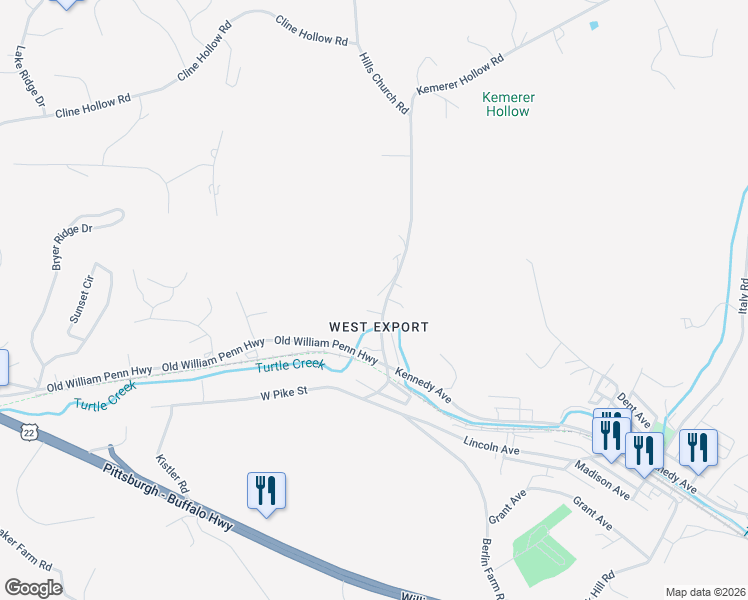map of restaurants, bars, coffee shops, grocery stores, and more near 2958 Hills Church Road in Export
