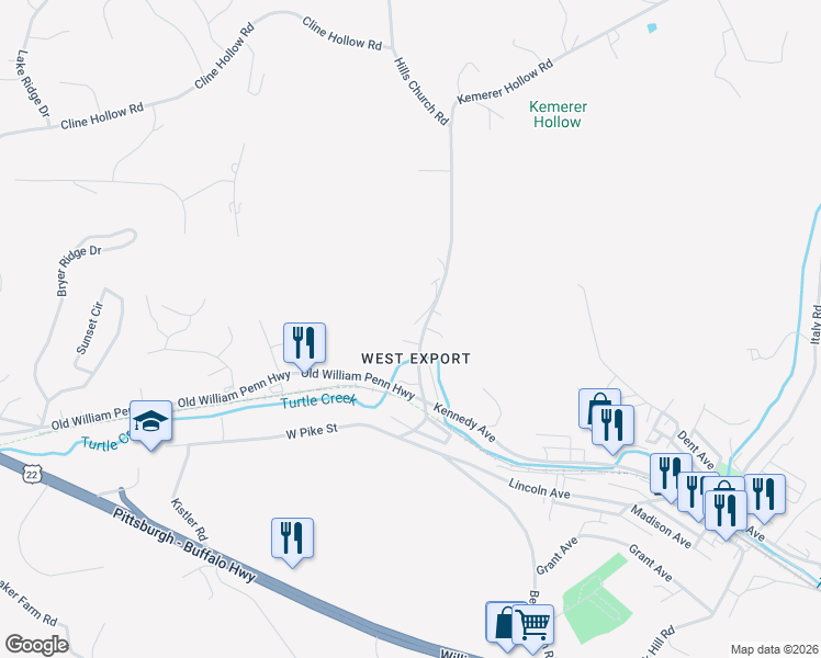 map of restaurants, bars, coffee shops, grocery stores, and more near 2958 Hills Church Rd in Export