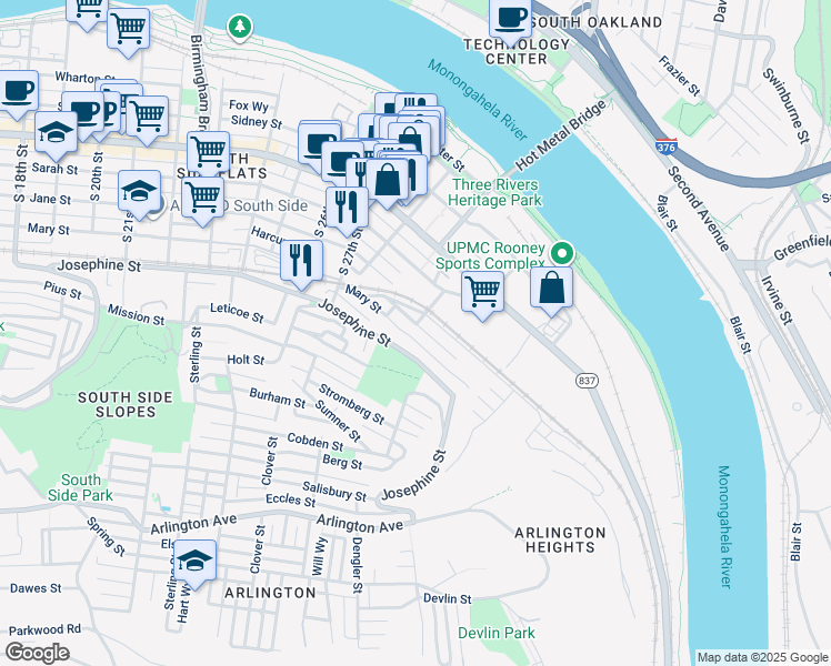 map of restaurants, bars, coffee shops, grocery stores, and more near 2933 Mary Street in Pittsburgh