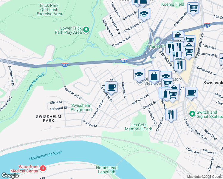 map of restaurants, bars, coffee shops, grocery stores, and more near 7118 Michigan Street in Swissvale