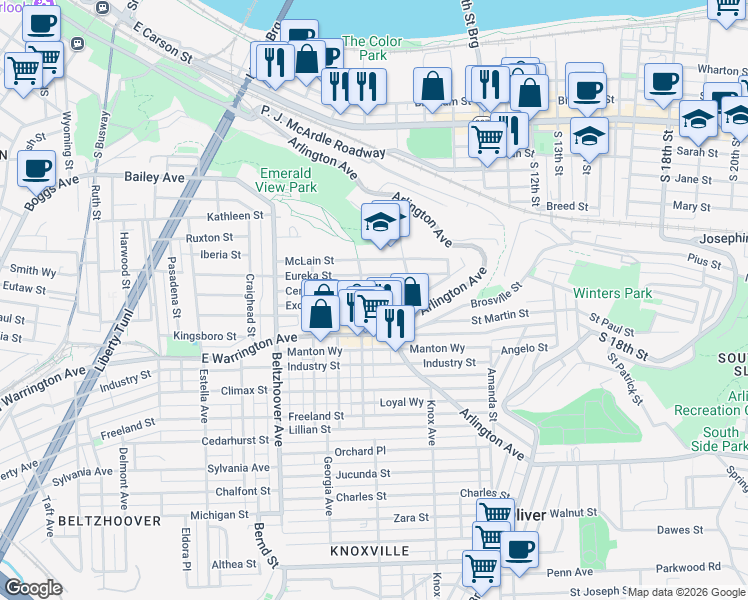map of restaurants, bars, coffee shops, grocery stores, and more near 804 Eureka Street in Pittsburgh