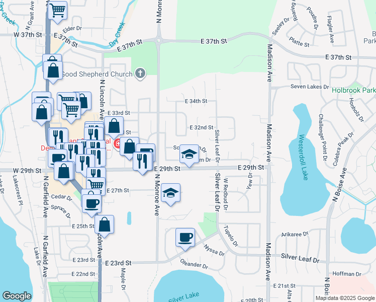 map of restaurants, bars, coffee shops, grocery stores, and more near 833 Scotch Elm Drive in Loveland