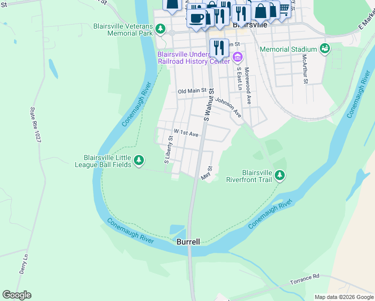 map of restaurants, bars, coffee shops, grocery stores, and more near 525 South Spring Street in Blairsville