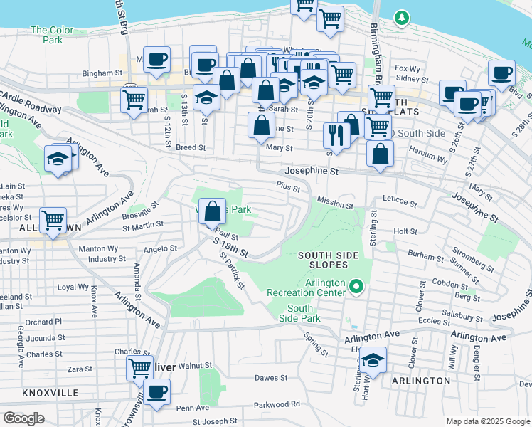 map of restaurants, bars, coffee shops, grocery stores, and more near 46 Magdalene Street in Pittsburgh