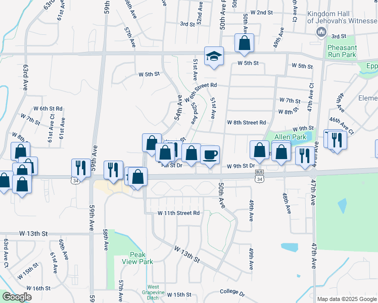 map of restaurants, bars, coffee shops, grocery stores, and more near 5218 West 9th Street in Greeley