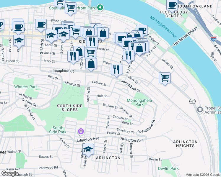 map of restaurants, bars, coffee shops, grocery stores, and more near 20 Kosciusko Way in Pittsburgh
