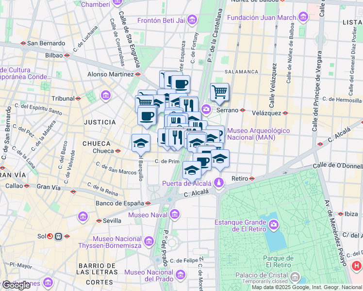 map of restaurants, bars, coffee shops, grocery stores, and more near 25 Paseo de Recoletos in Madrid