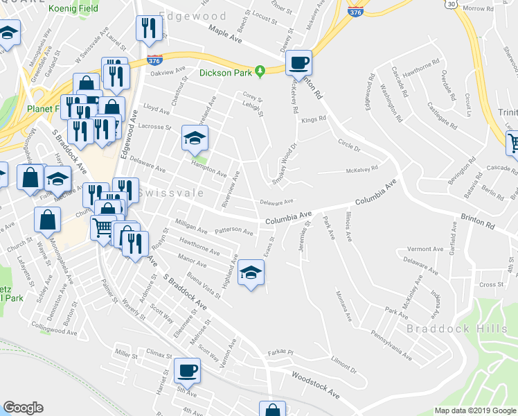 map of restaurants, bars, coffee shops, grocery stores, and more near 7818 Lloyd Avenue in Swissvale