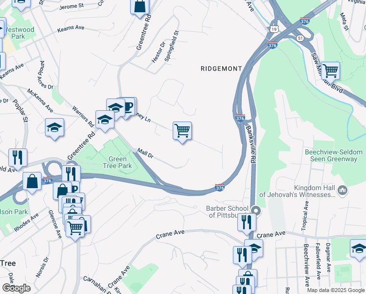 map of restaurants, bars, coffee shops, grocery stores, and more near 1165 McKinney Lane in Pittsburgh