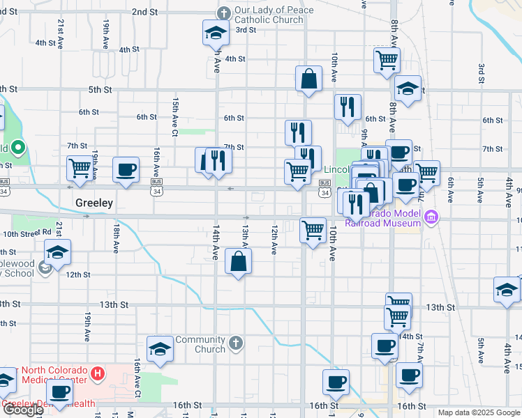 map of restaurants, bars, coffee shops, grocery stores, and more near 909 12th Avenue in Greeley