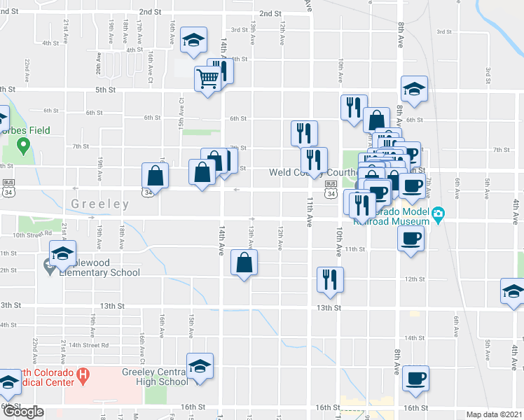 map of restaurants, bars, coffee shops, grocery stores, and more near 909 12th Avenue in Greeley
