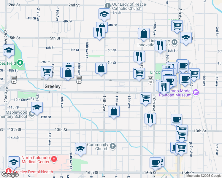 map of restaurants, bars, coffee shops, grocery stores, and more near 913 13th Avenue in Greeley