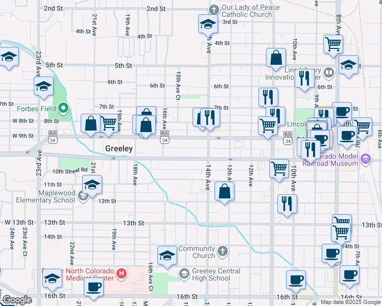 map of restaurants, bars, coffee shops, grocery stores, and more near 1418 9th Street in Greeley