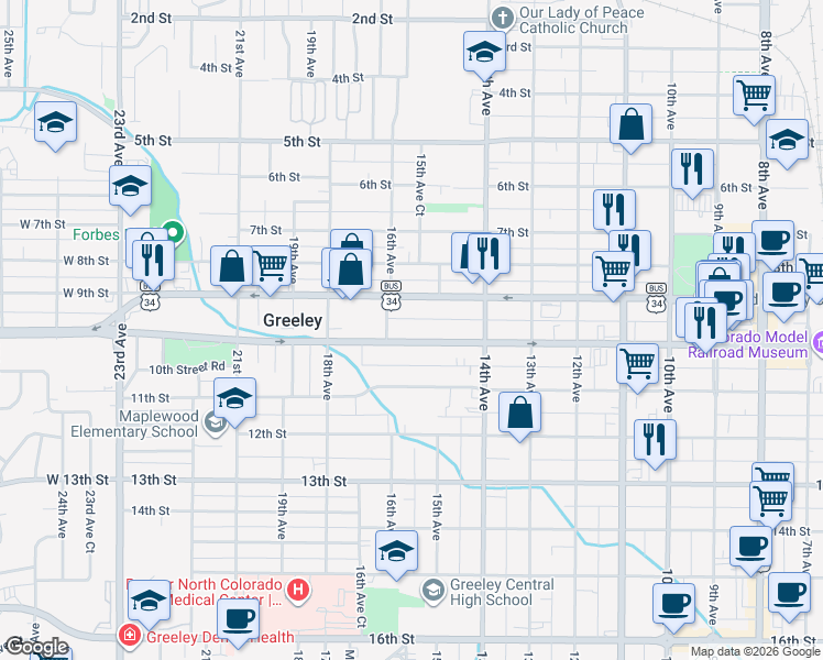 map of restaurants, bars, coffee shops, grocery stores, and more near 1454 9th Street in Greeley